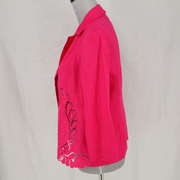 Chicos Jacket 0 Womens 4 Small Linen Pink Embroidered Cut Outs Open Lightweight - Picture 13 of 16